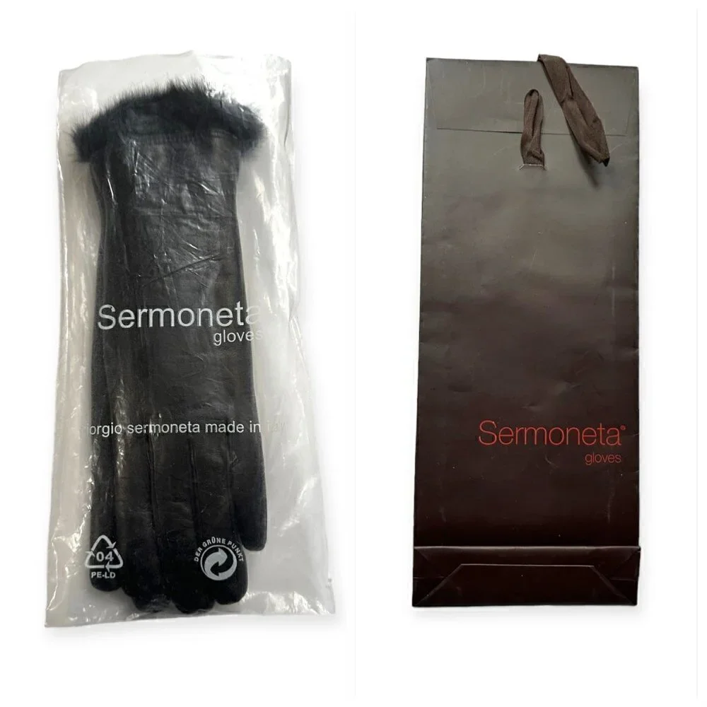 Sermoneta Gloves‎ Black Leather Rabbit Fur Lined Gloves size 7.5, NWT